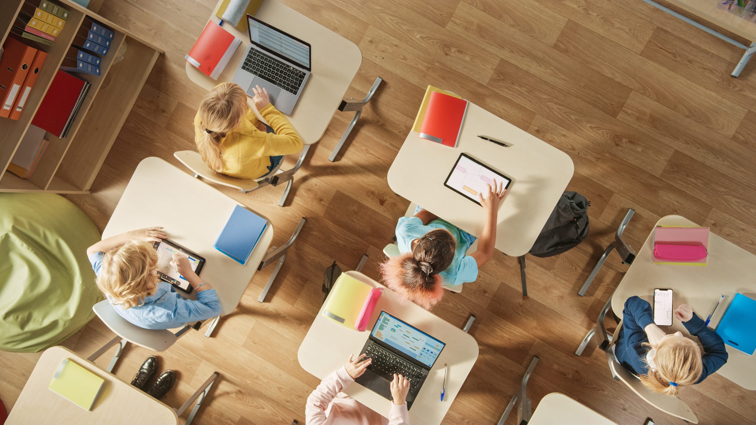 Top View Shot in Elementary School Computer Science Classroom