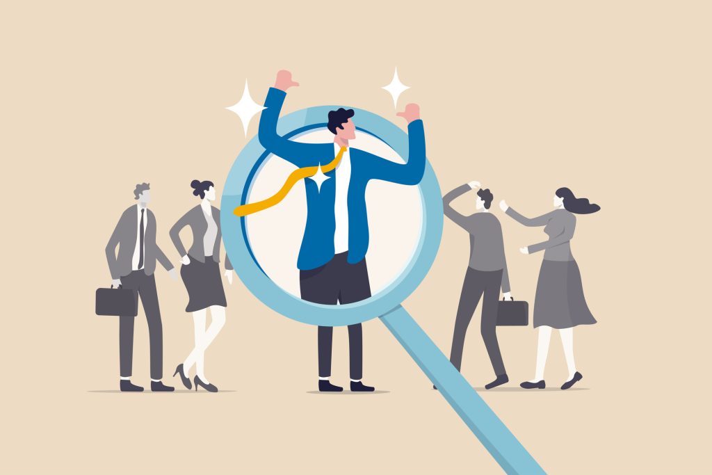 Outstanding winner candidate for job position, stand out from the crowd, notable, different or distinct person concept, confidence businessman stand out on human resource magnifying glass recruitment.