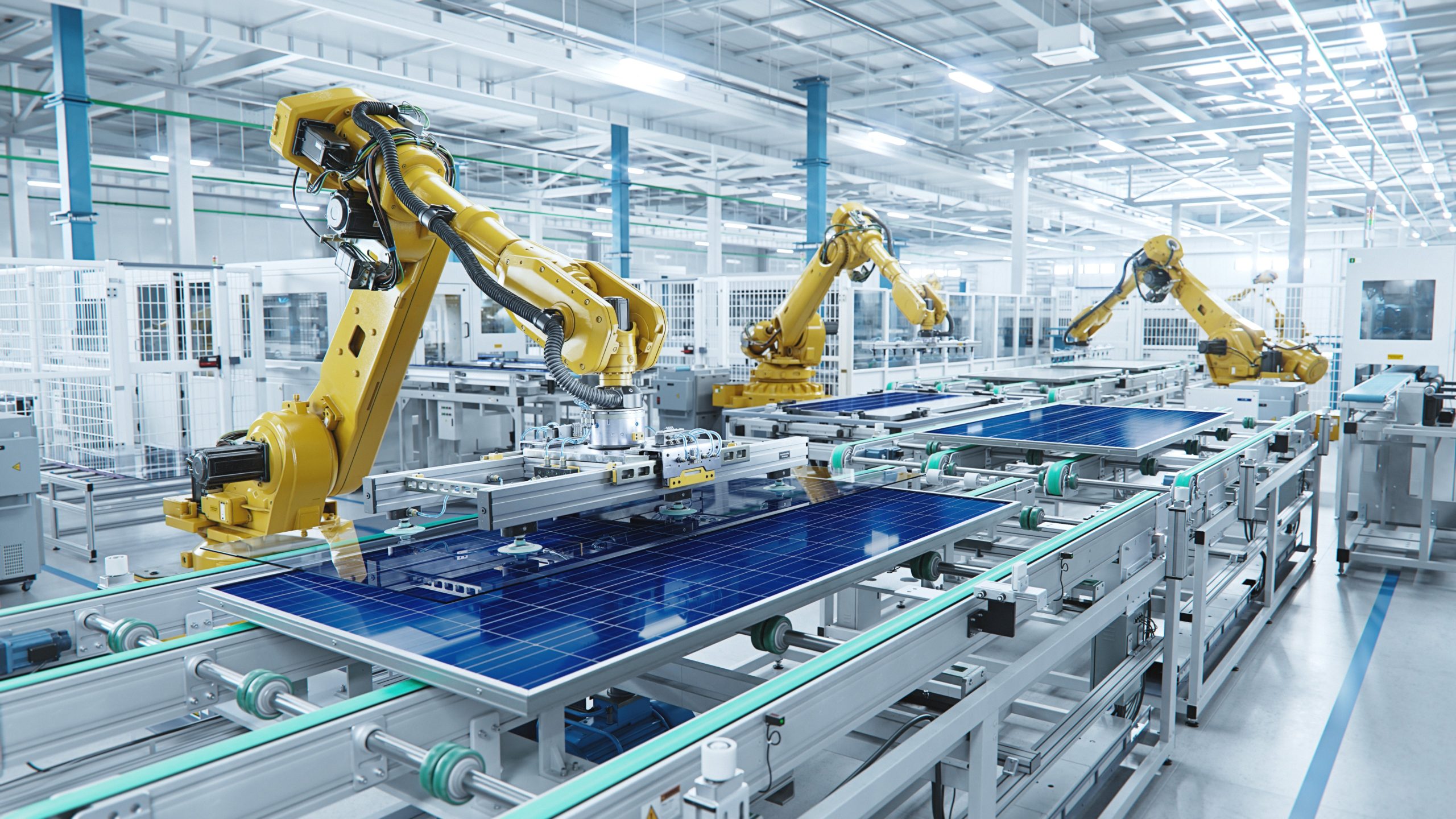 Large Production Line with Industrial Robot Arms at Automated Manufacturing Facility