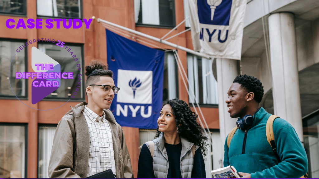 Case study graphic from The Difference Card of students in front of NYU